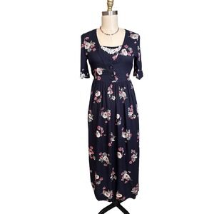 Emblem Floral Maxi Dress Womens 5 Navy Blue Excellent Lace Trim Cottagecore